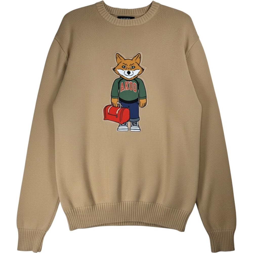 AKOO Y2K Fox Graphic Cotton Knit Sweater Tan | Mens 3XL